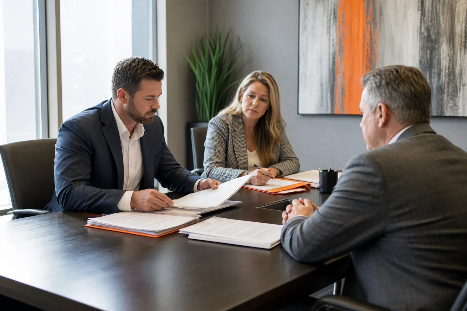 Personal injury settlement negotiation with insurance representatives and an attorney.