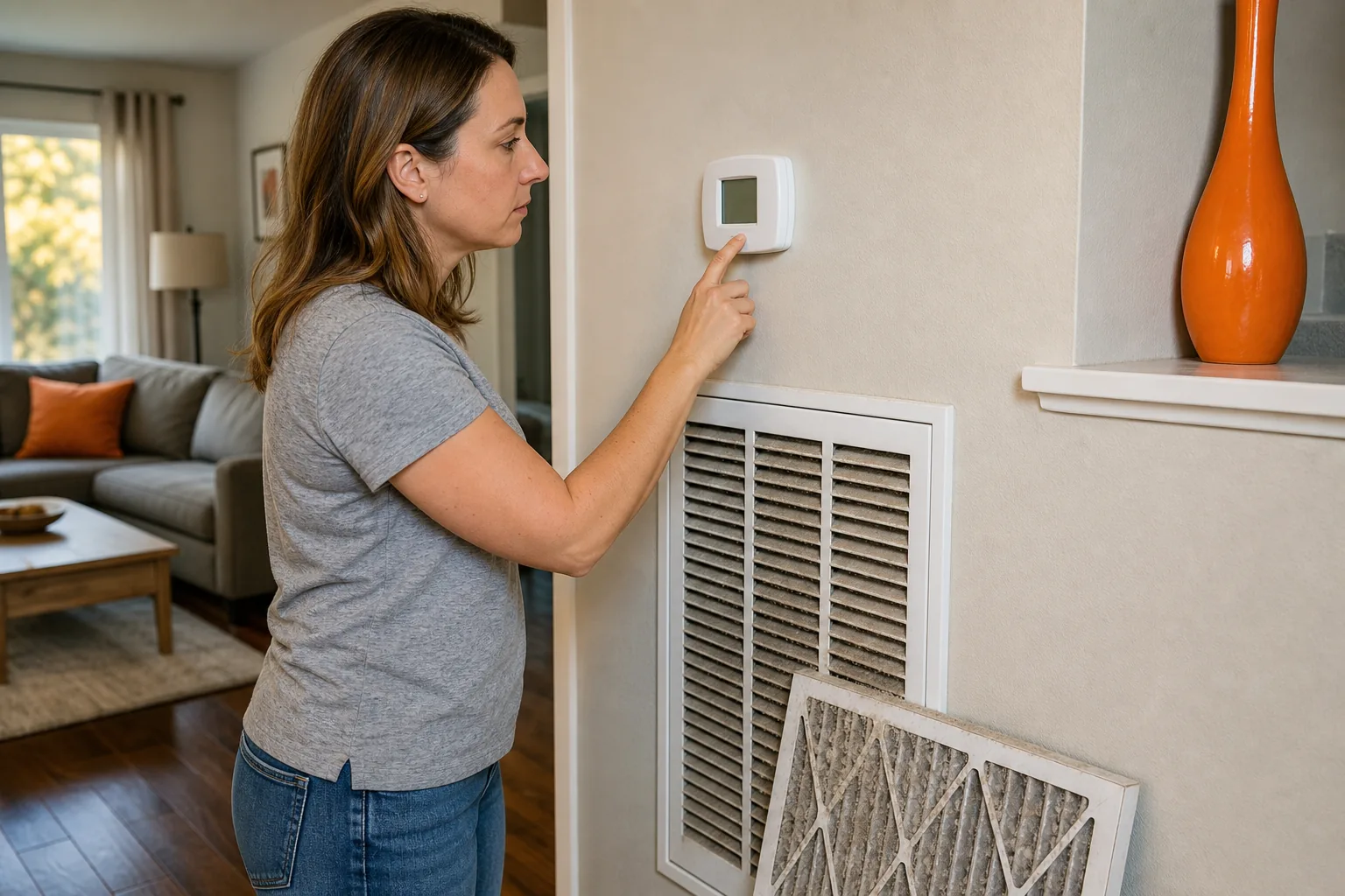 Homeowner checking AC thermostat and dirty air filter