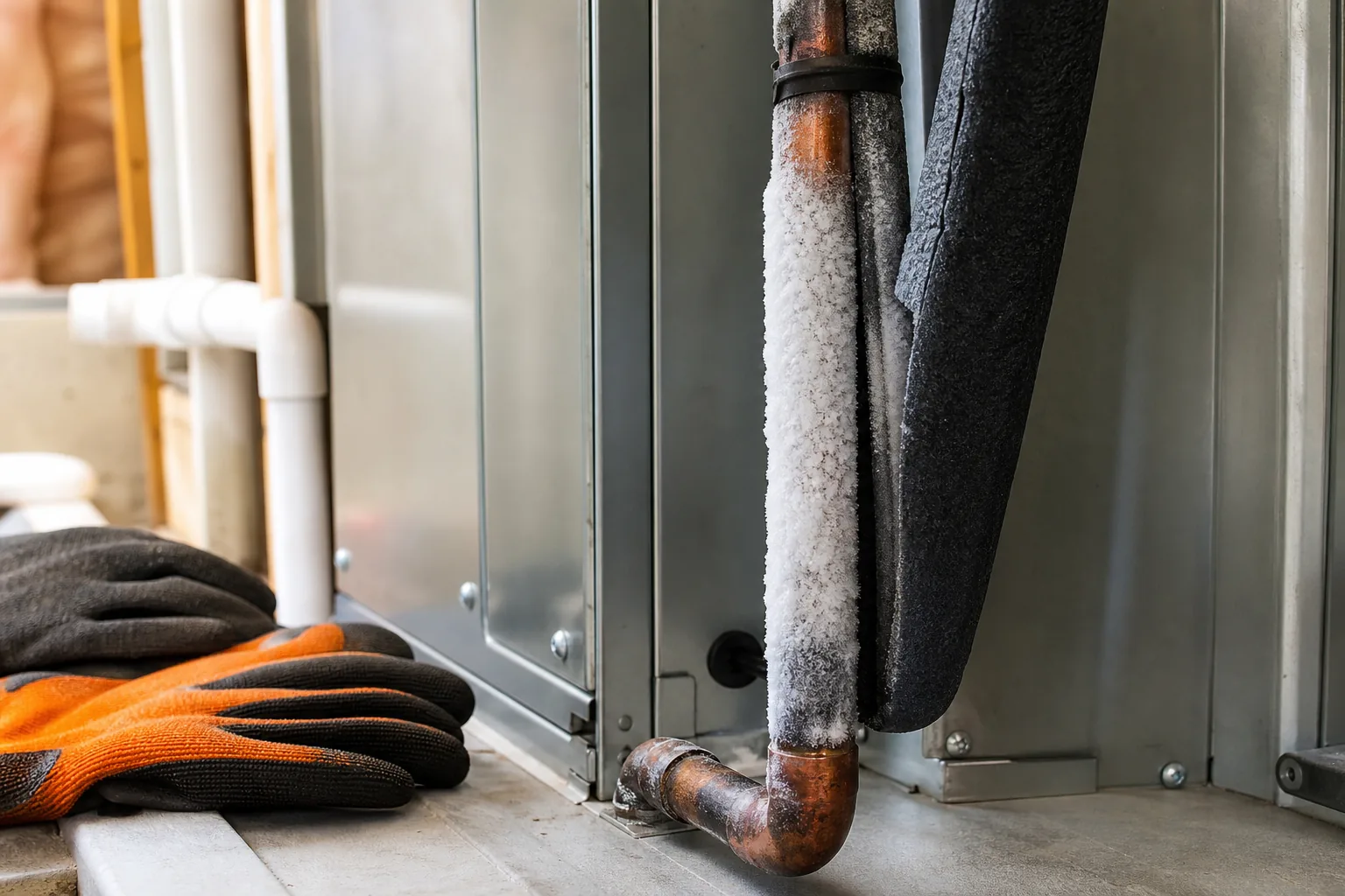 Frozen AC copper line showing refrigerant or airflow warning sign
