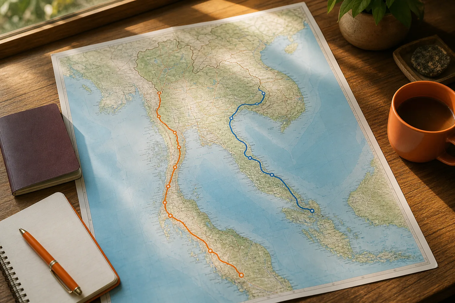 Thailand map showing one southern coast route for a two-week itinerary.