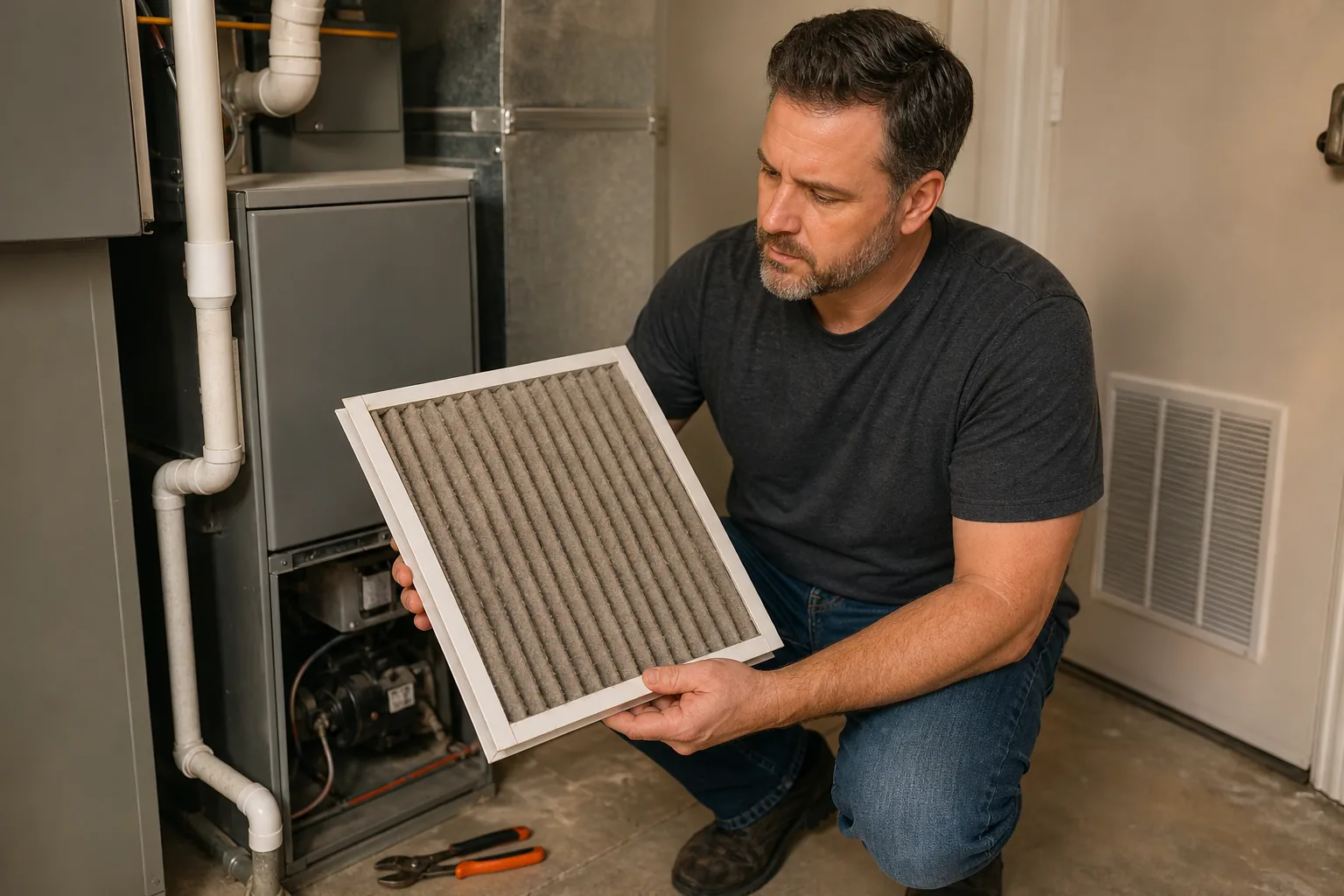 Homeowner checking a furnace filter when the furnace keeps turning off