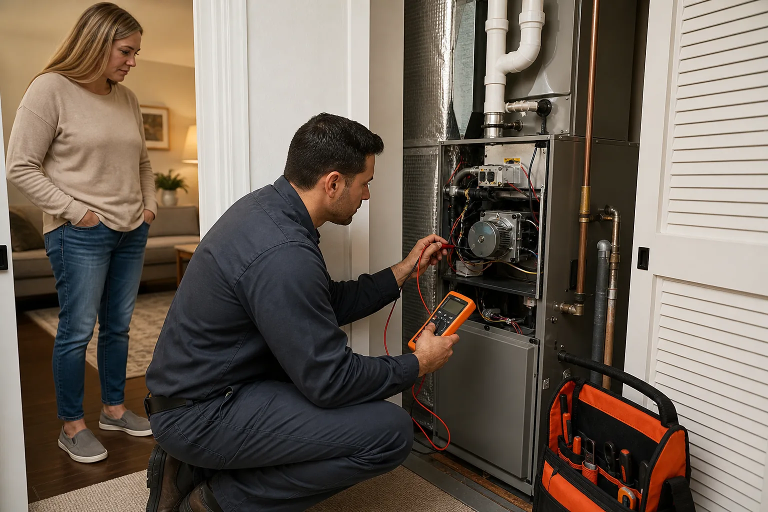 HVAC professional diagnosing a furnace that shuts off repeatedly