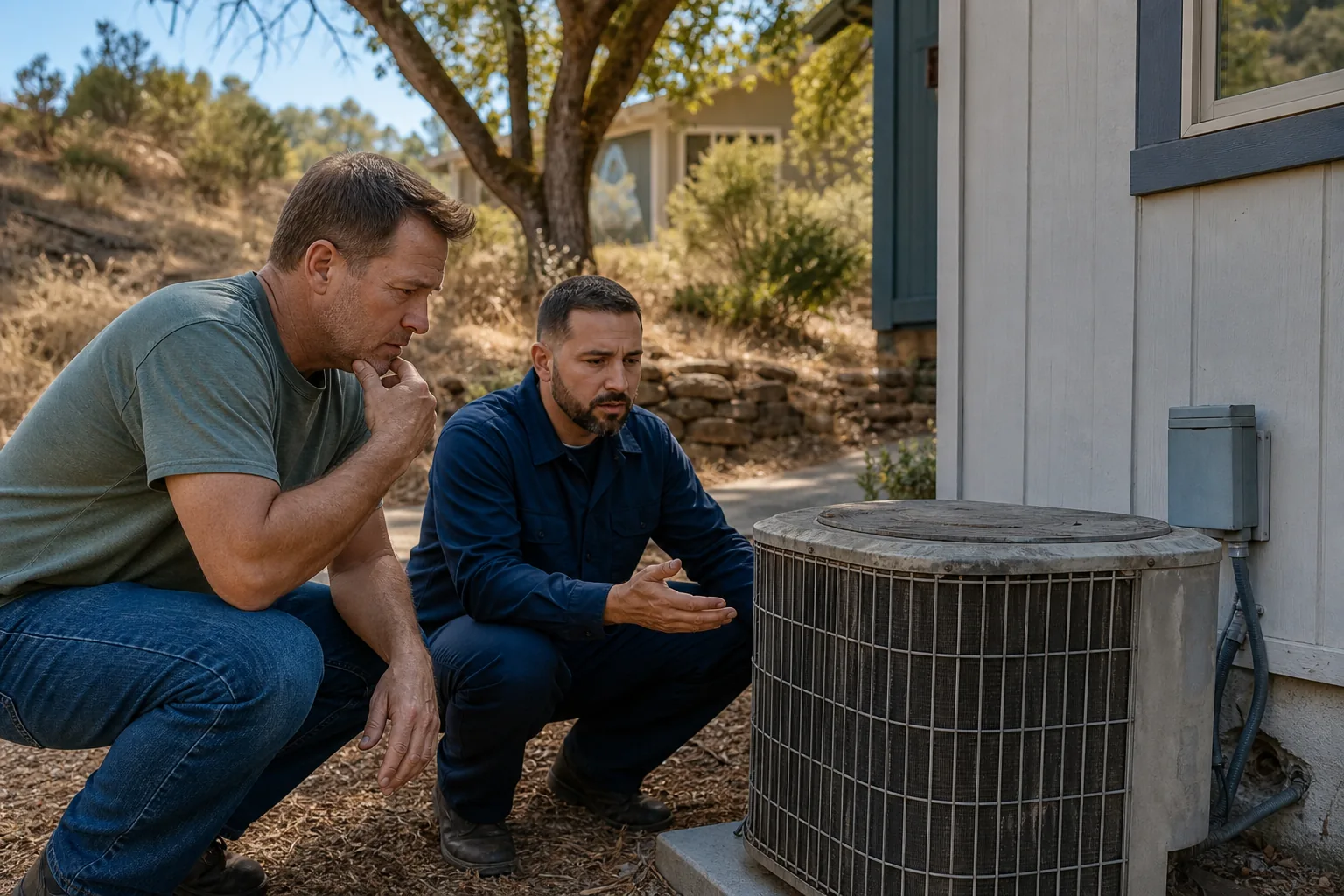 Homeowner checks an aging air conditioner with an HVAC technician in Auburn, California.