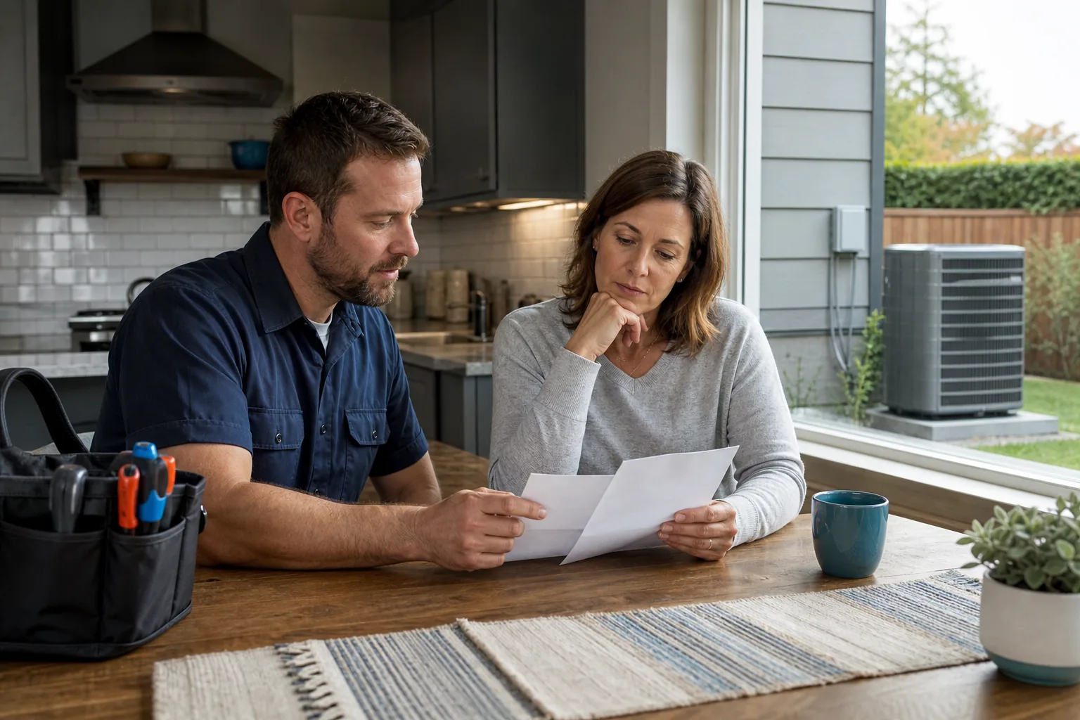 Homeowner reviews air conditioner repair costs before deciding on replacement.