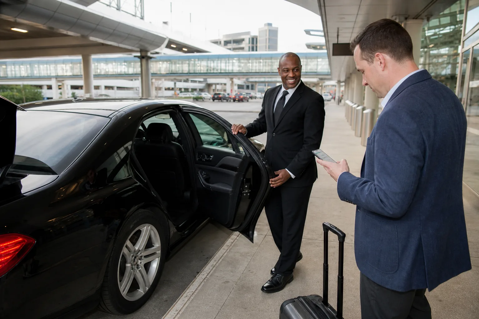 Traveler checking whether chauffeur gratuity is included on an airport car service receipt.