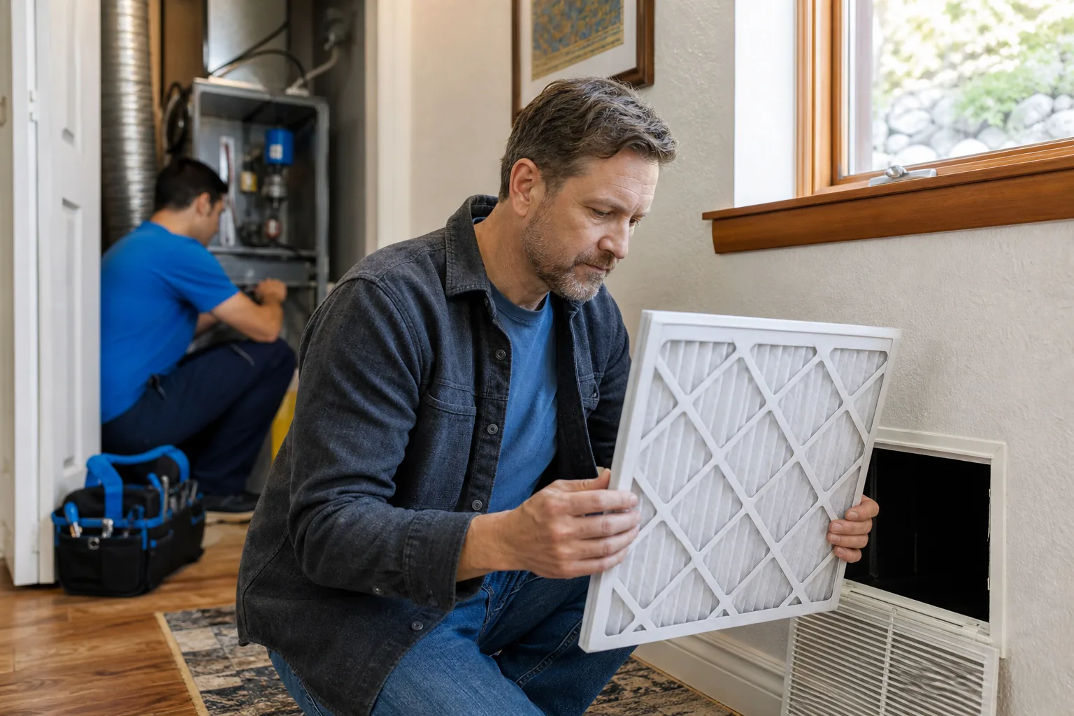 Homeowner reviewing an AC tune-up checklist and checking an air filter.