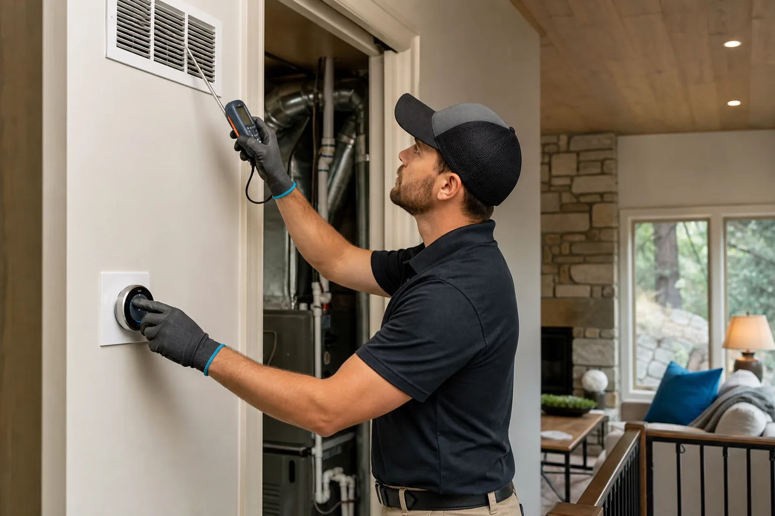 Technician checks AC temperature split, thermostat operation, and airflow.