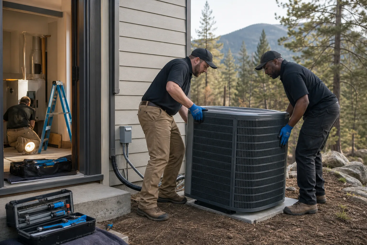 HVAC crew installing a new home air conditioner in the Sierra foothills.