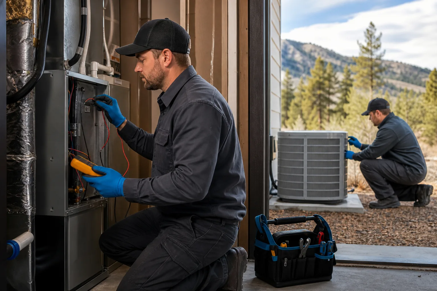 HVAC technicians testing a newly installed air conditioning system.