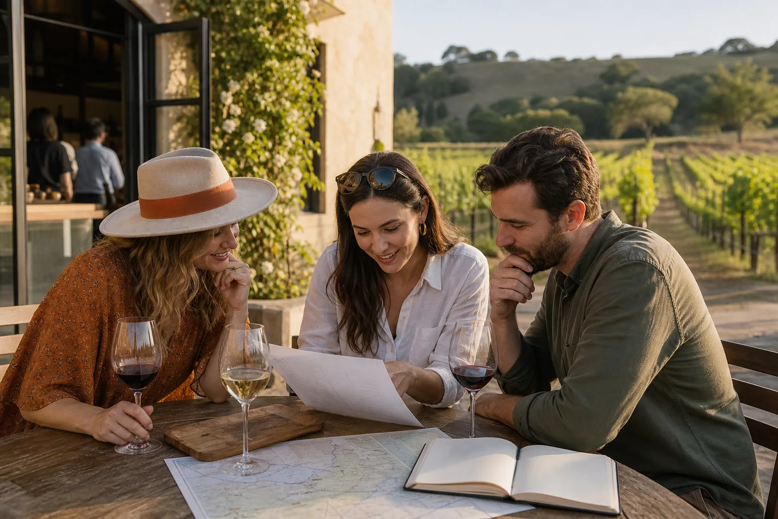 Travelers planning winery reservations beside a vineyard tasting room