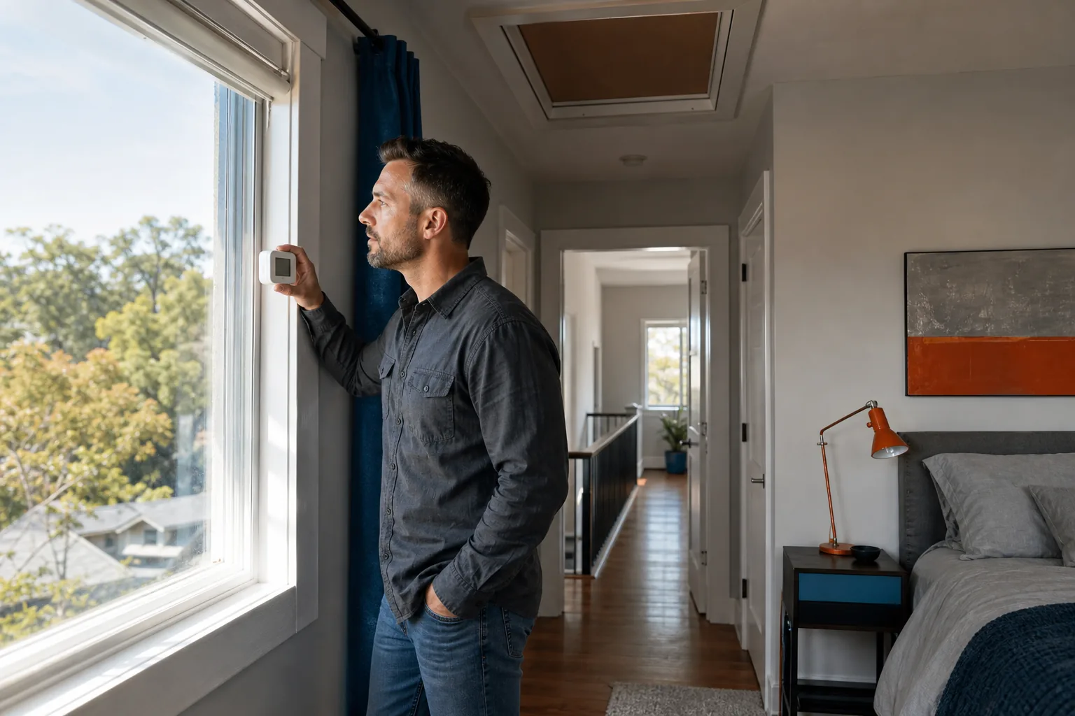 Homeowner checking heat sources in an upstairs bedroom in Northern California.