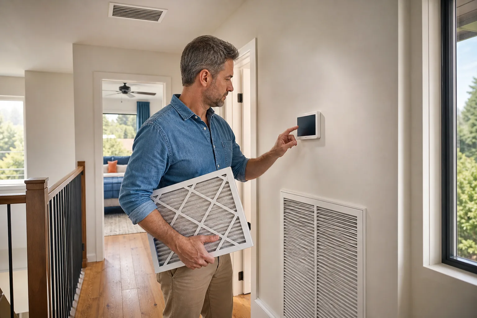 Homeowner checking HVAC settings and airflow for an upstairs bedroom.