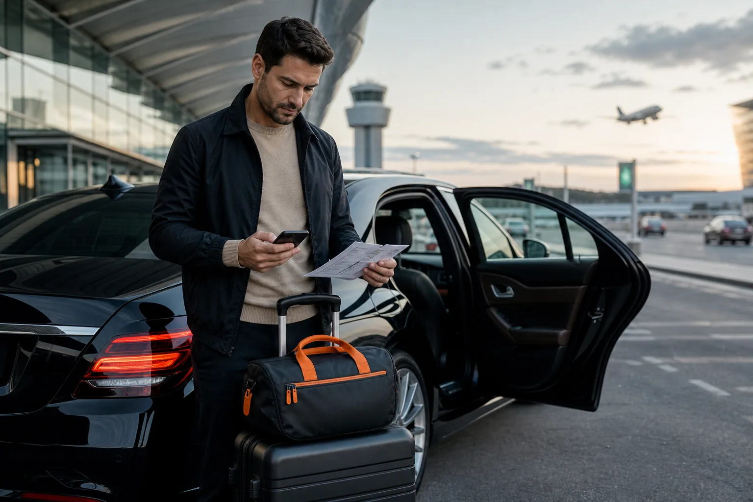 Traveler planning airport car service with flight and luggage details.