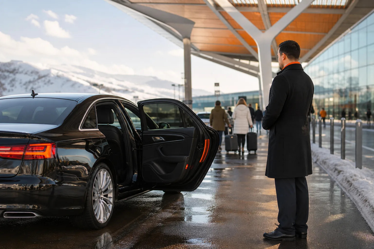 Private sedan airport transfer waiting at an airport