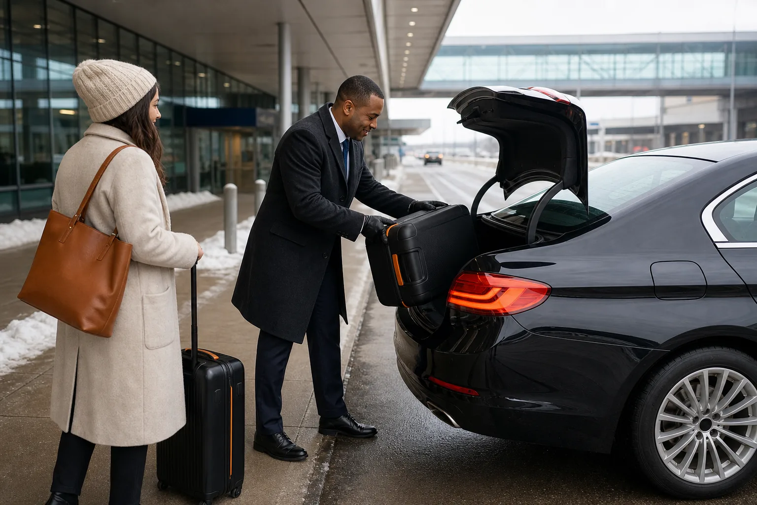 Professional chauffeur assisting traveler at Minneapolis airport
