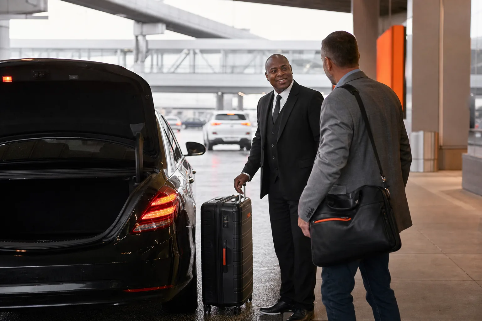 Chauffeur meeting a frequent flyer at Minneapolis airport for a reliable car service transfer