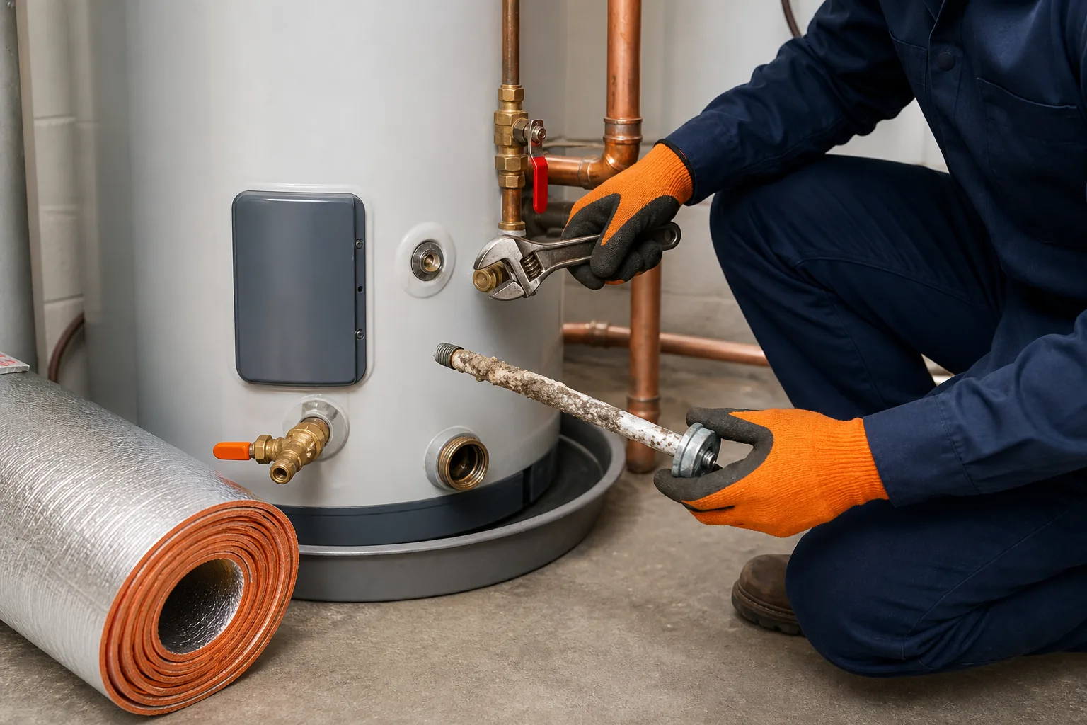 Inspecting anode rod and valves on water heater.