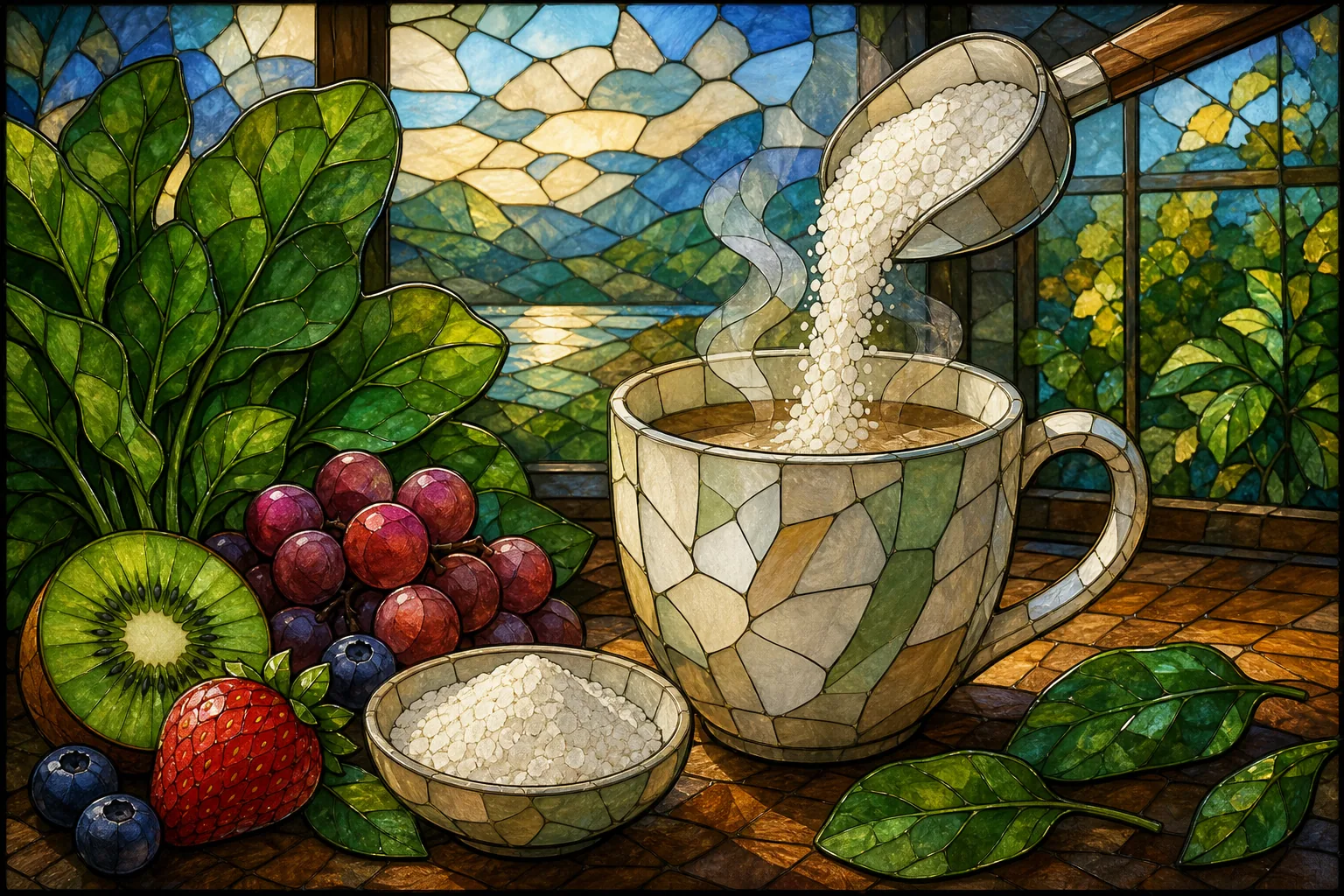 “collagen peptide powder being mixed into a beverage”
