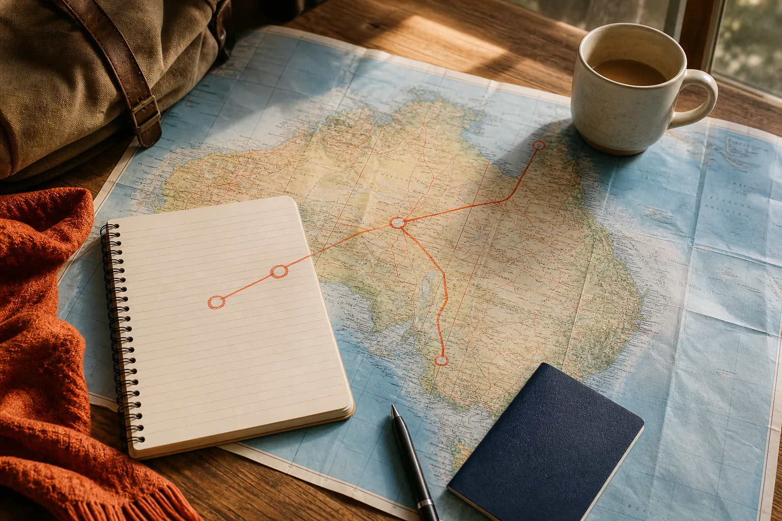 Two-week Australia itinerary route map from Sydney to Uluru and Cairns.