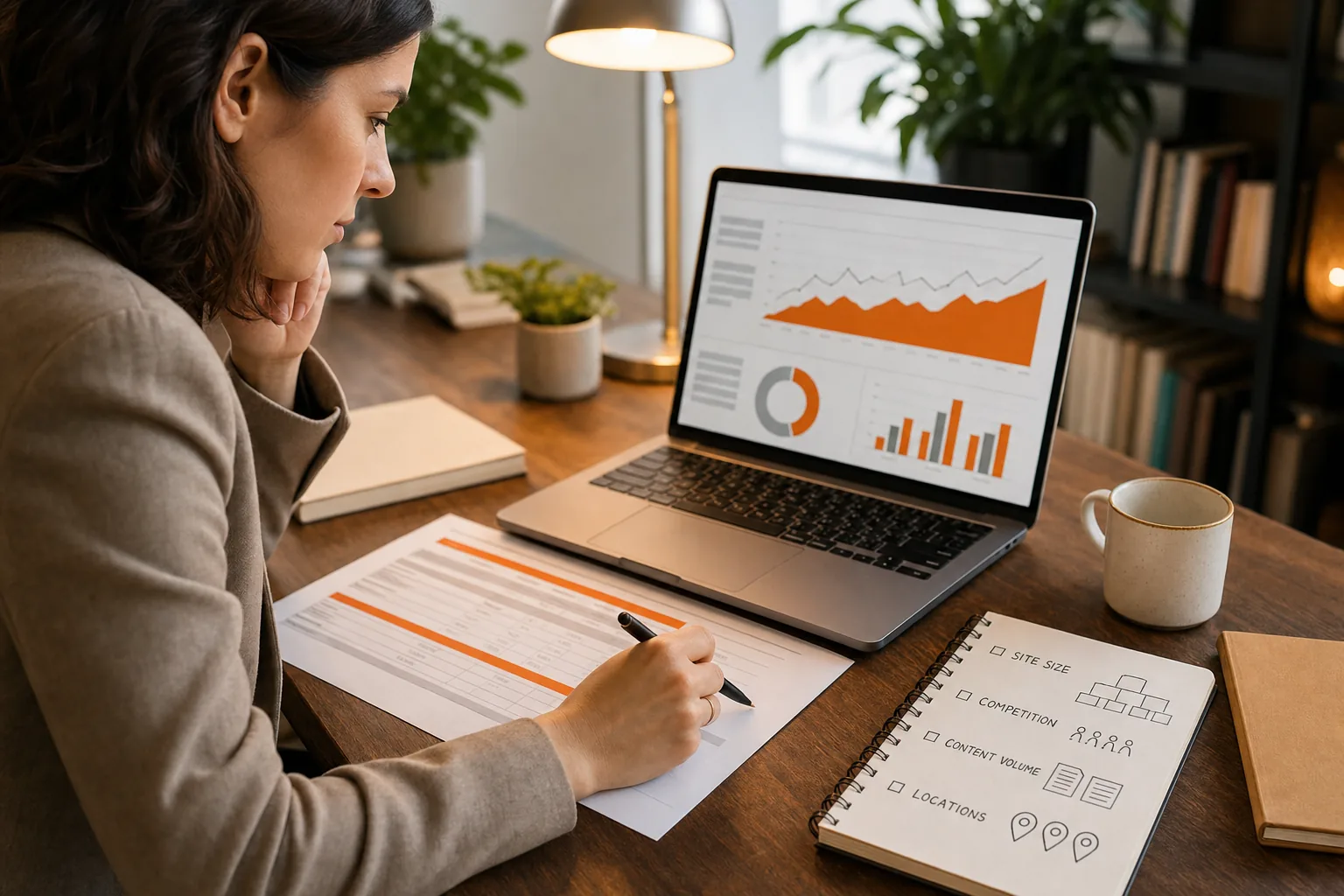 SEO pricing tool input checklist for website size, competition, content, and location.