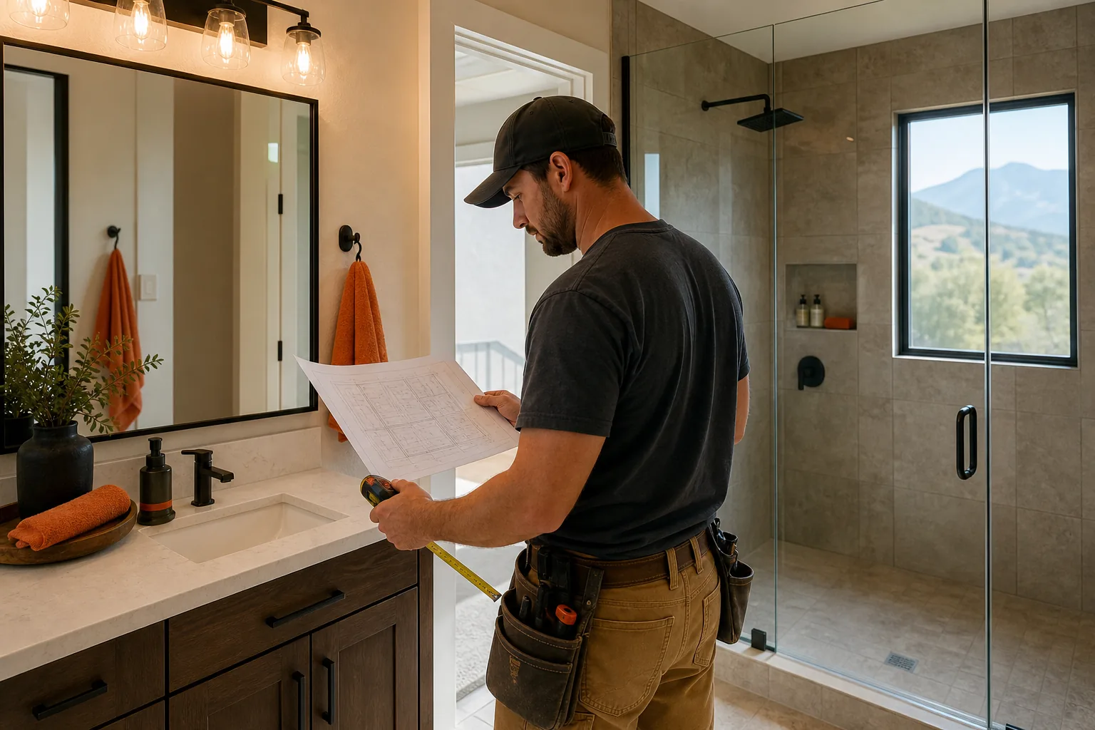 Contractor measuring a Utah bathroom remodel for a cost estimate.