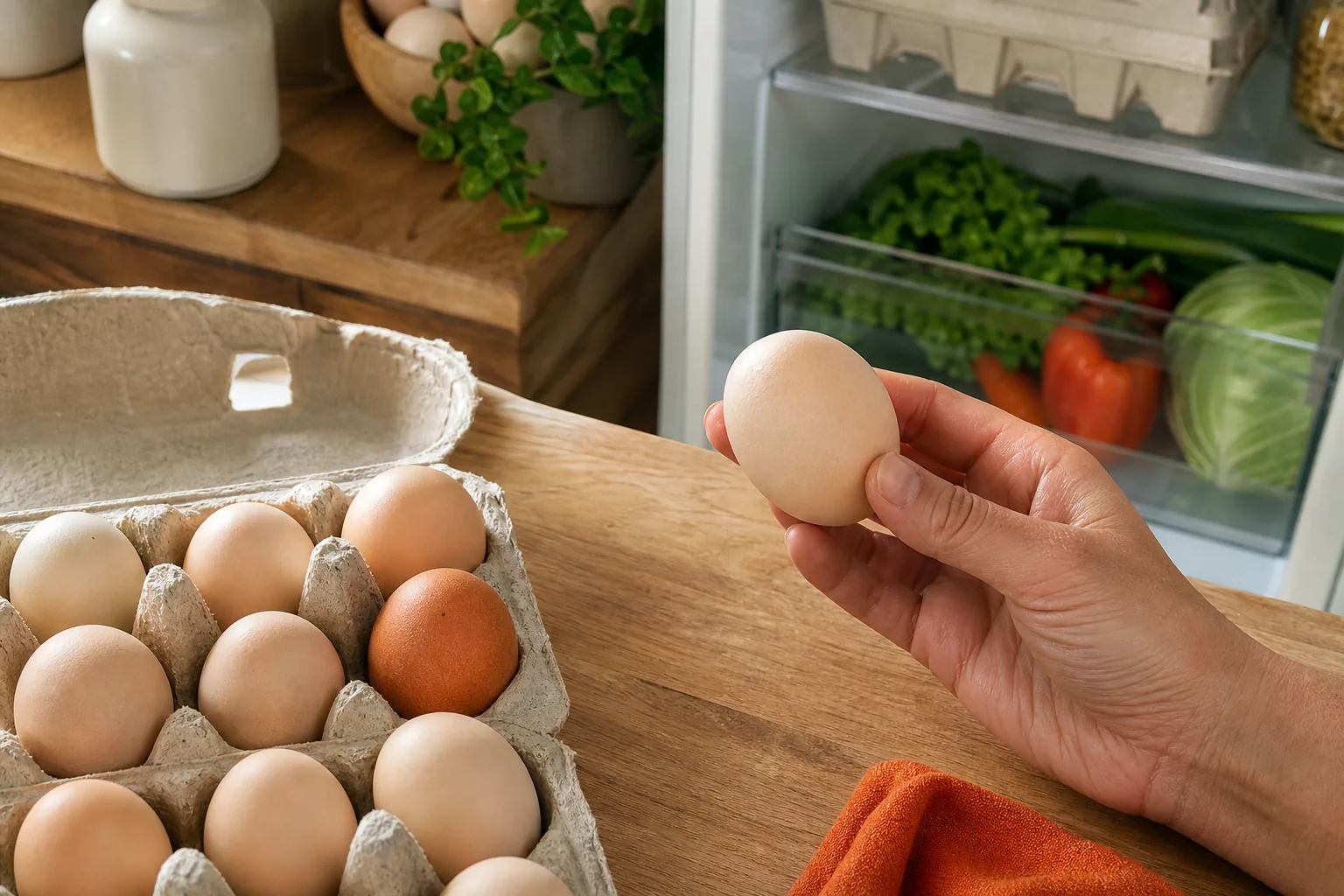 Checking fresh farm eggs for cracks and storage