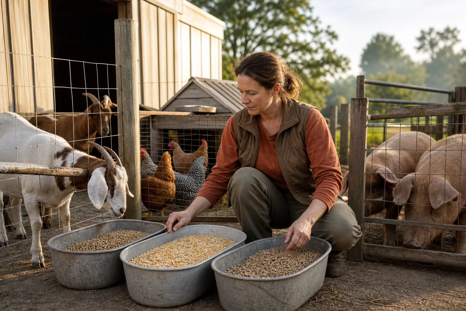 Homesteader matching animal feed to goats chickens and pigs