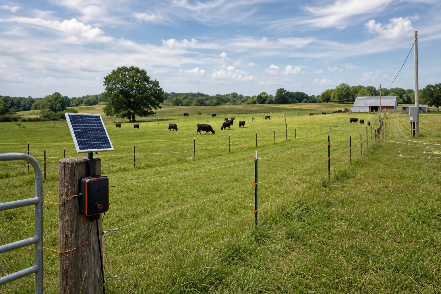 Cattle pasture showing solar and AC electric fence power choices.