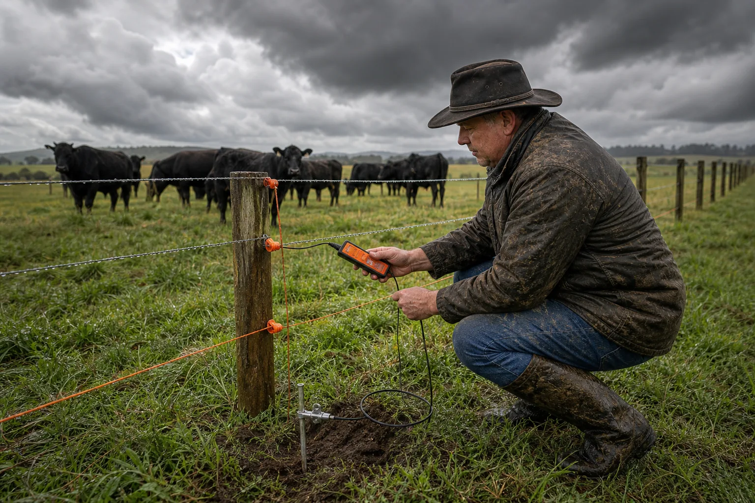 Farmer testing electric fence voltage during seasonal maintenance.
