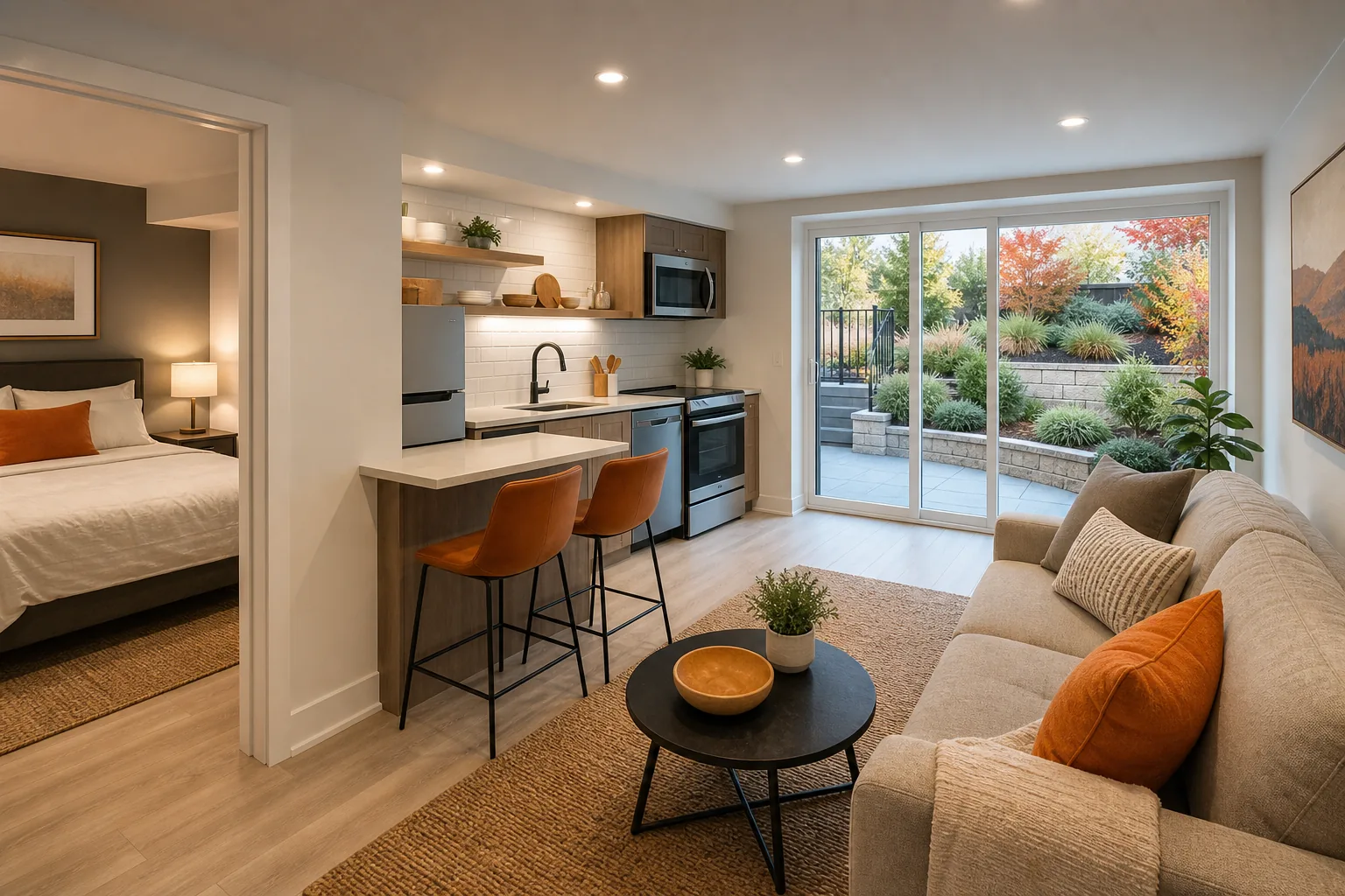 Utah basement ADU layout with kitchen living room bedroom and walkout access
