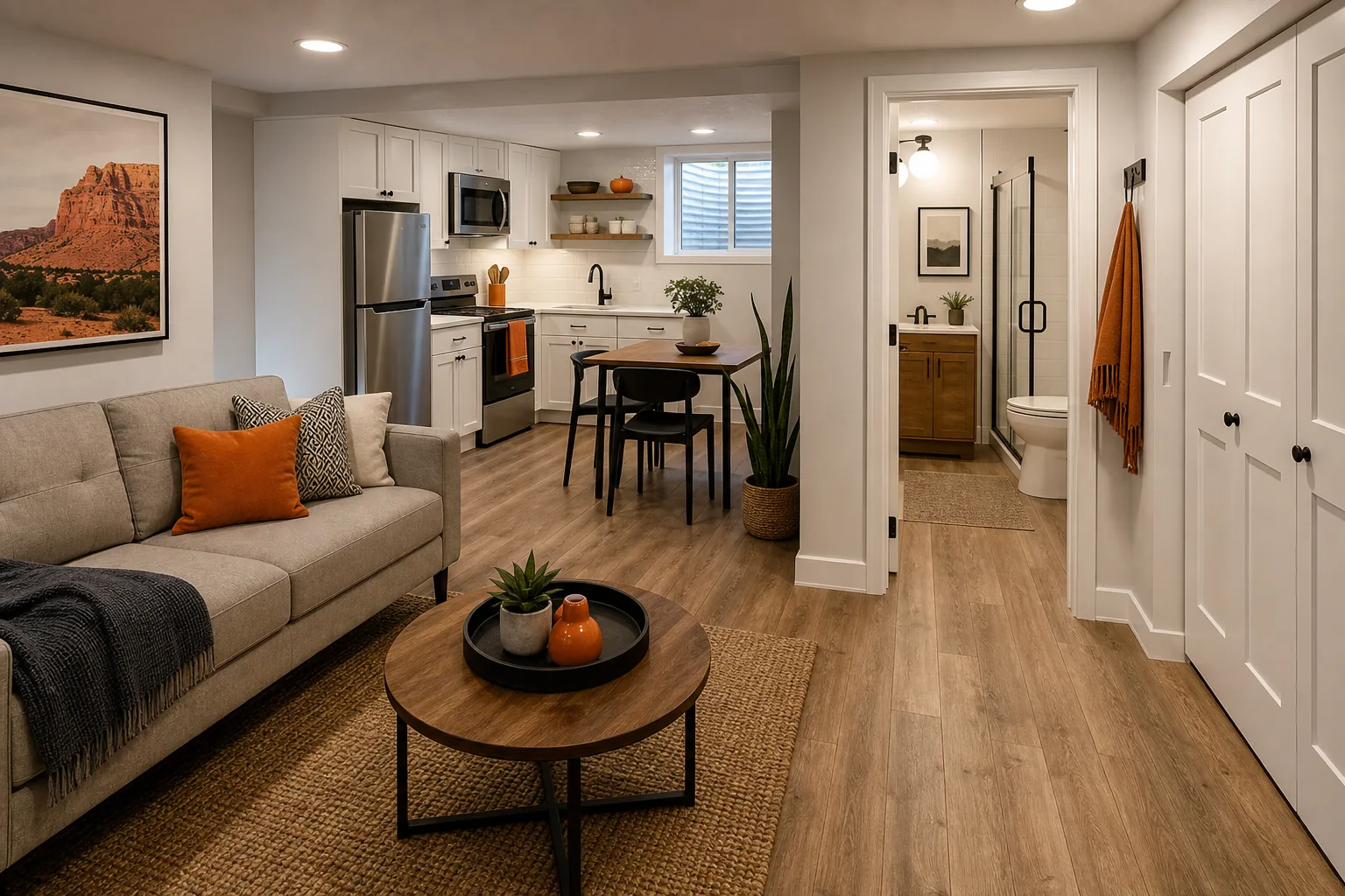 Finished Utah basement ADU with durable flooring compact kitchen and bathroom