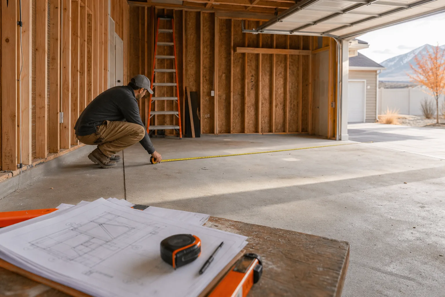 Measuring a Utah garage before converting it into living space.
