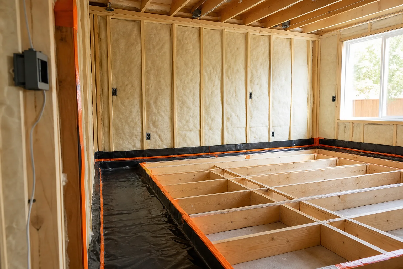 Insulating and moisture-proofing a garage conversion before drywall.