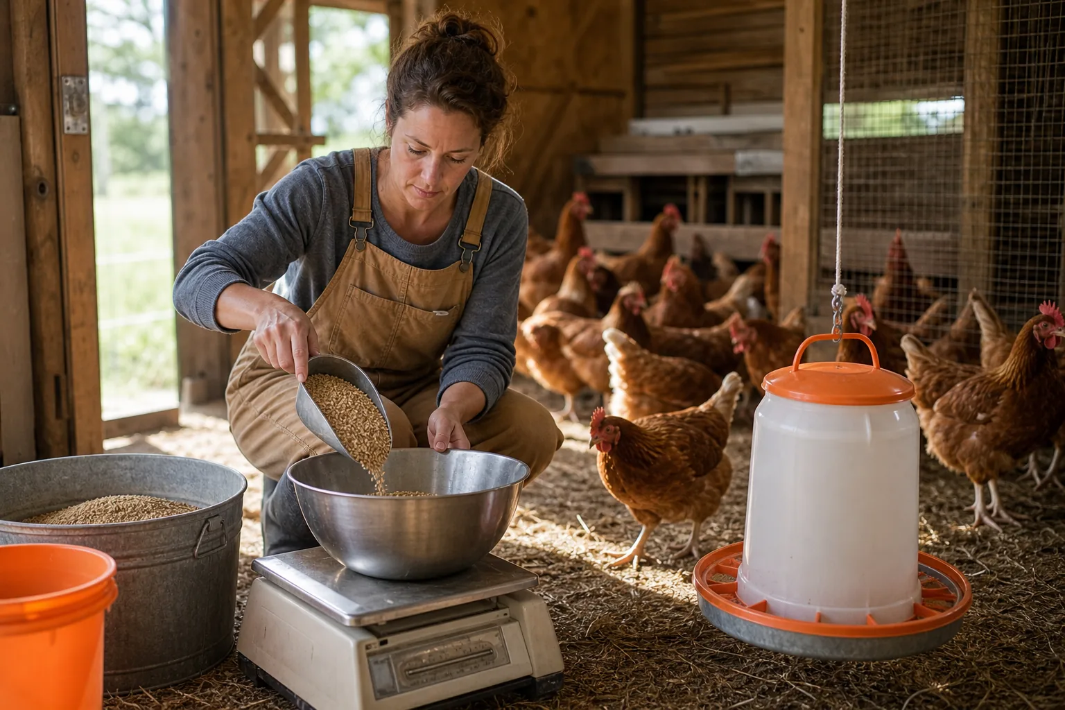 Weighing daily chicken feed for laying hens