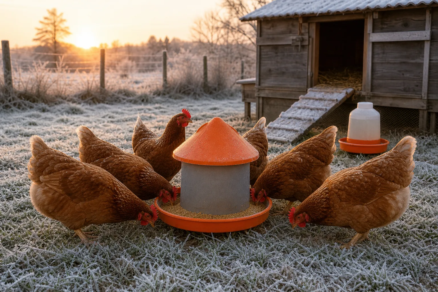 Chickens eating feed during cold weather