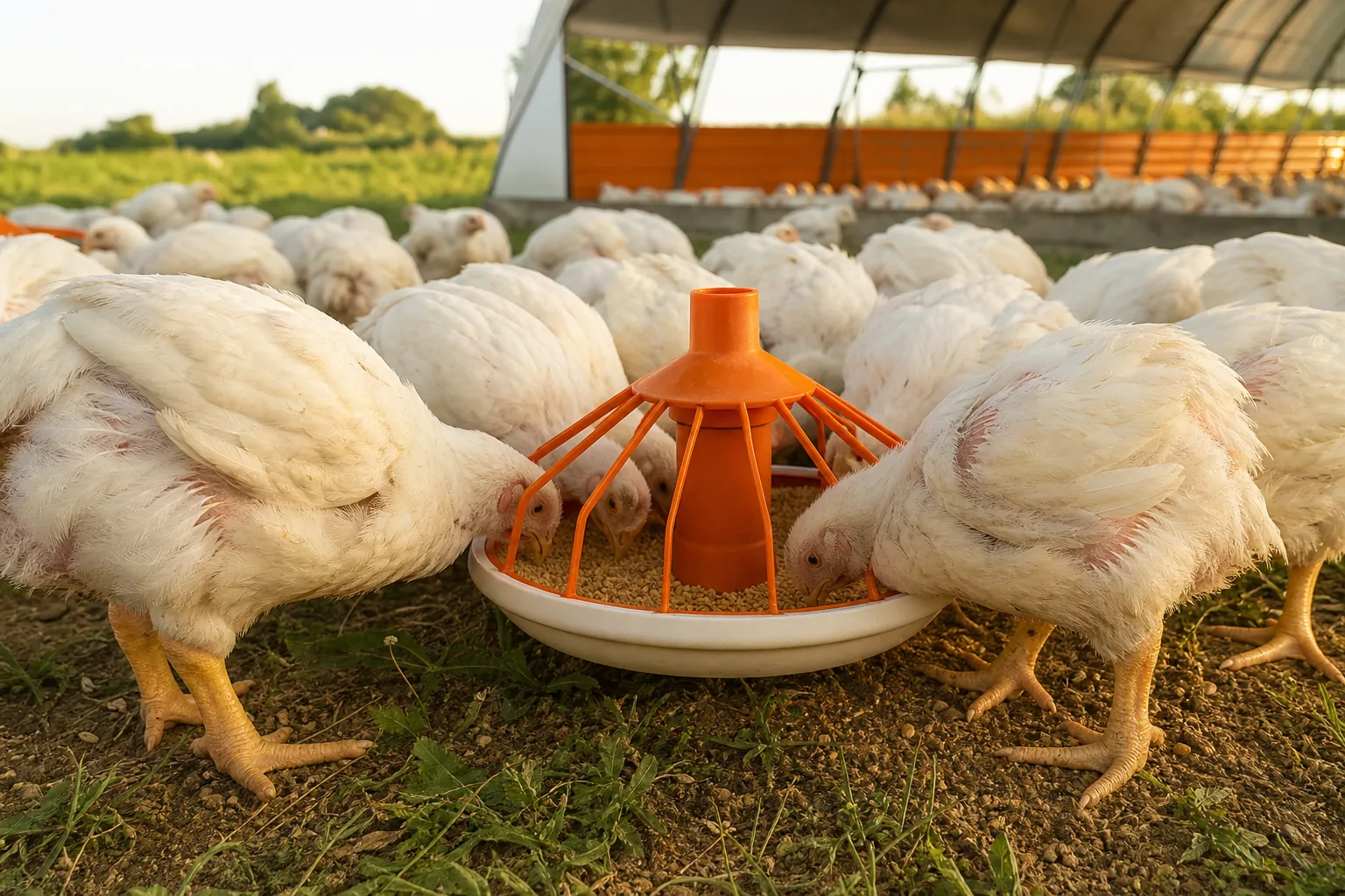 Meat chickens eating grower feed during rapid growth