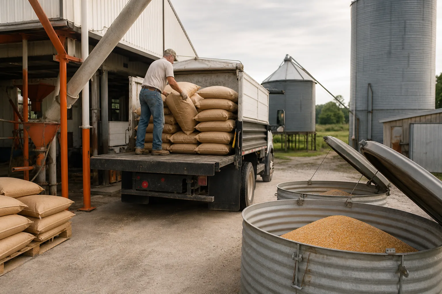 Local feed mill loading bulk chicken feed for a farm