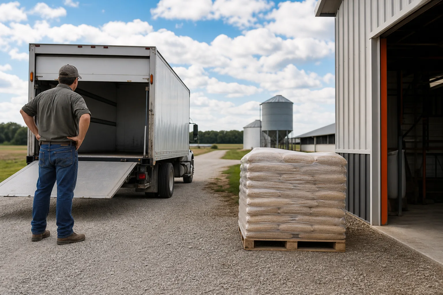 Comparing bulk chicken feed delivery and pallet unloading at a farm