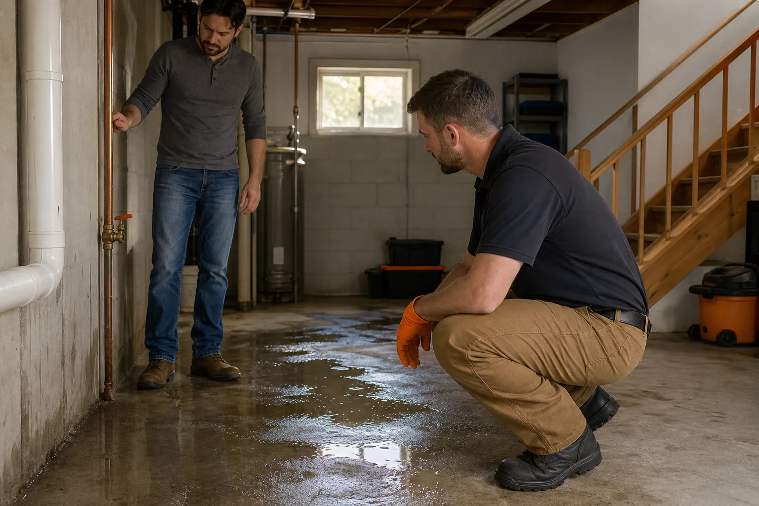 Homeowner stopping a basement water leak before restoration