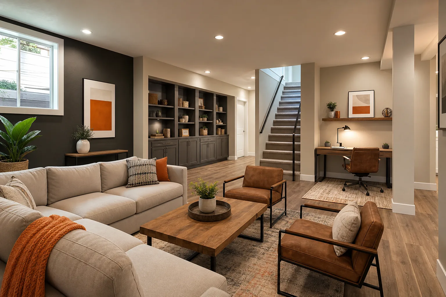 Flexible finished basement layout with living and office zones