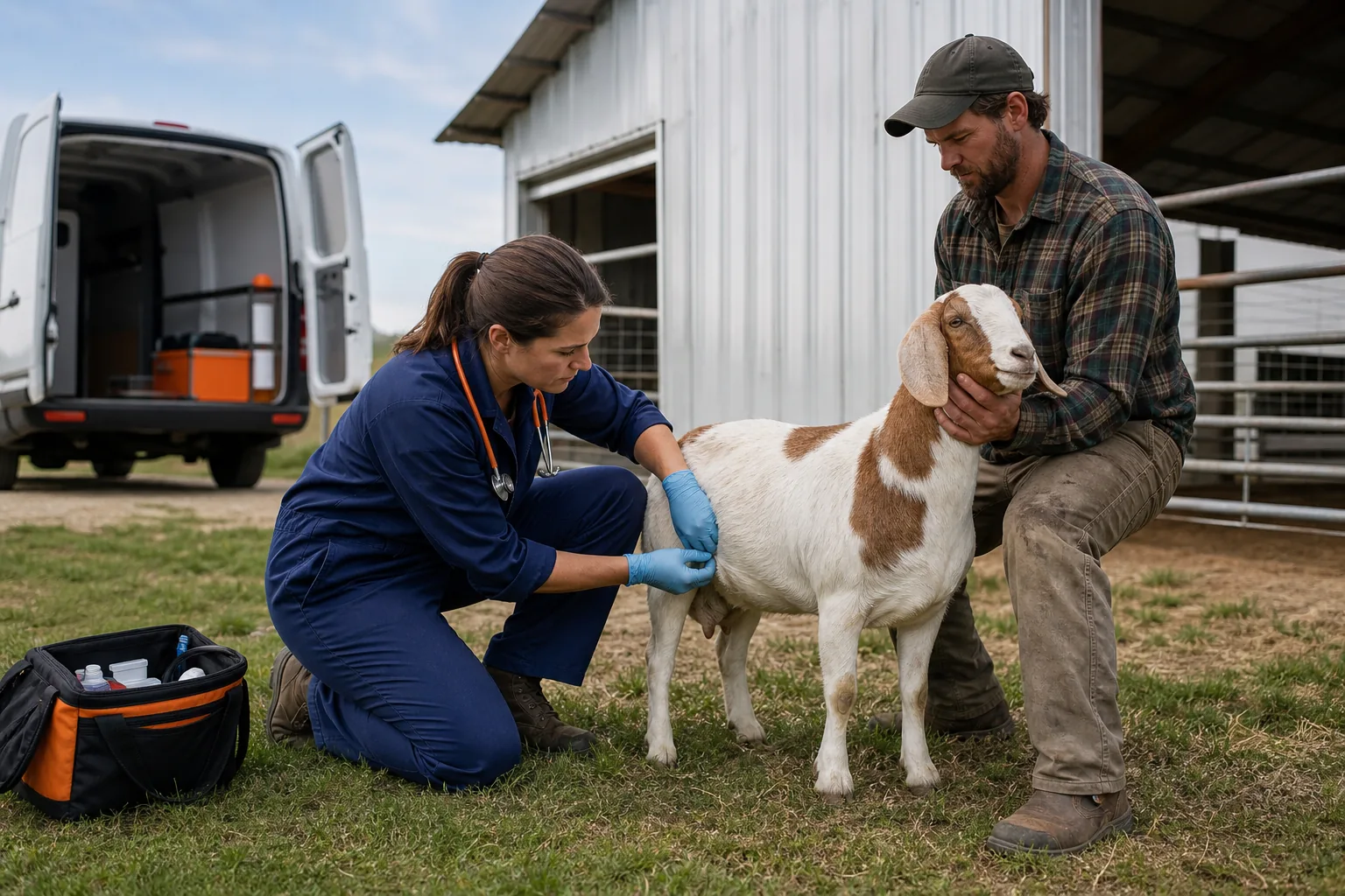 Mobile farm vet examining a goat during an on-farm visit