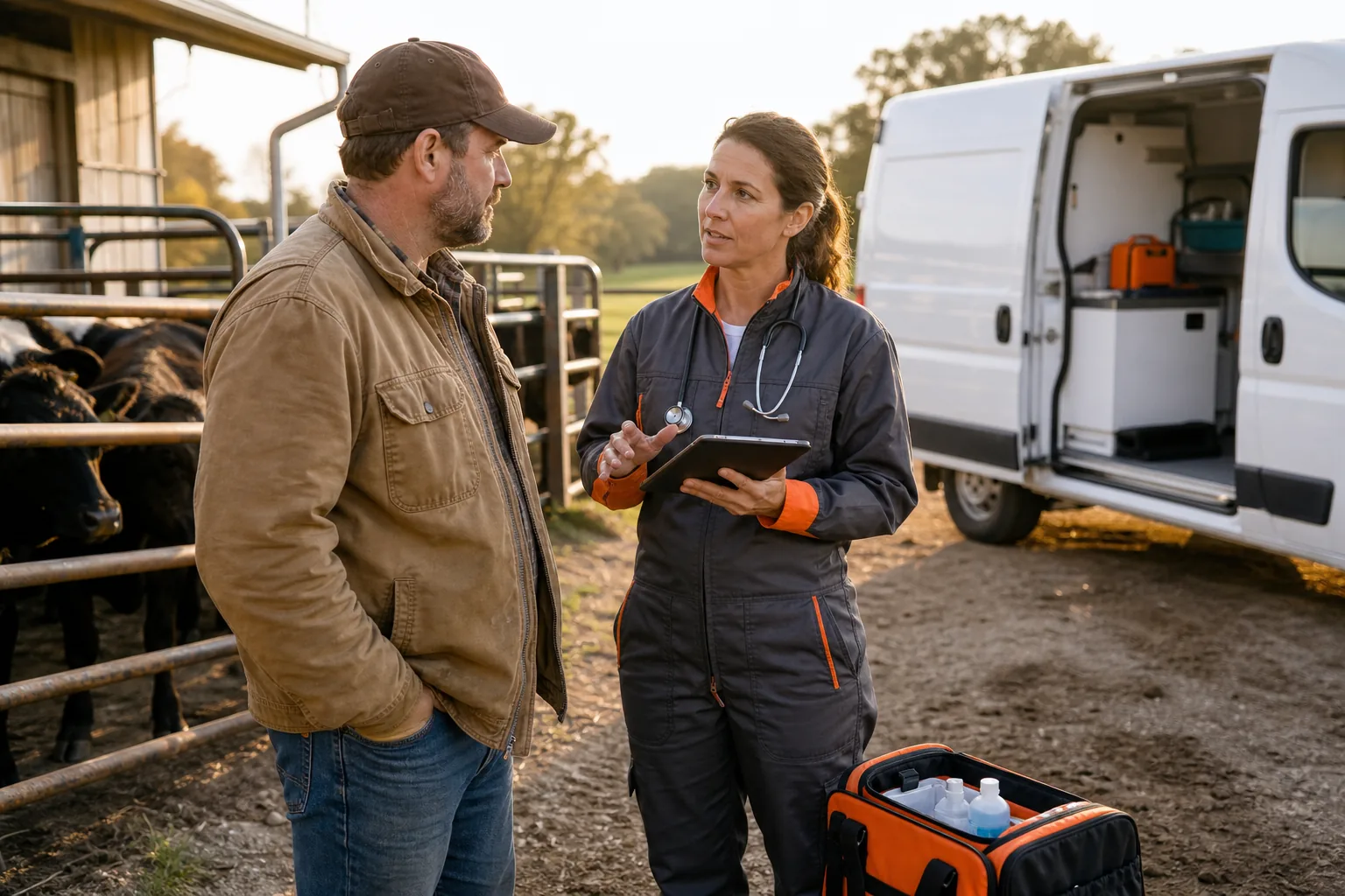 Farm call details being discussed with a mobile livestock veterinarian