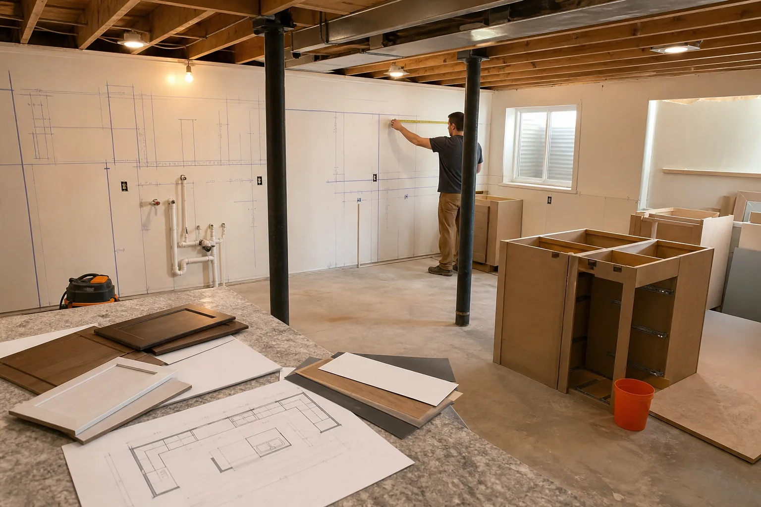 Measuring a basement kitchen for cabinet layout and storage planning