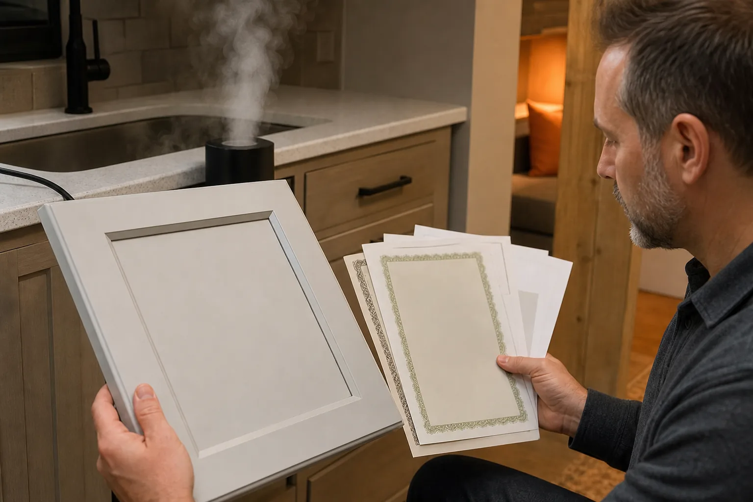 Inspecting kitchen cabinet finish emissions documents and warranty details