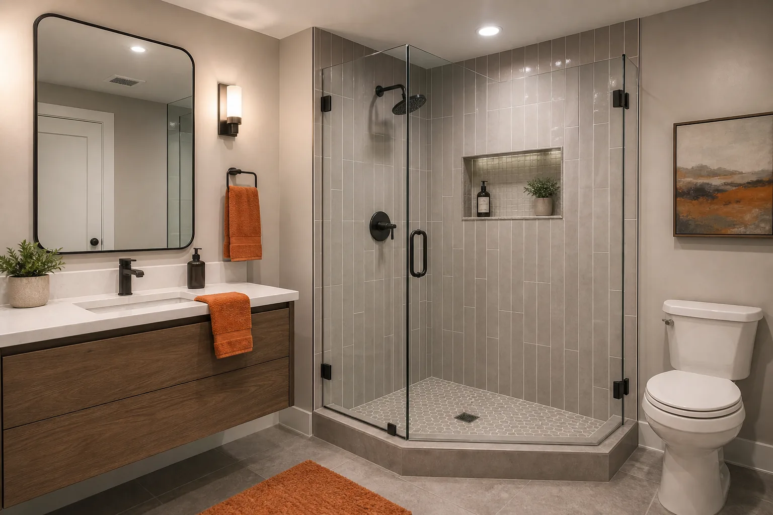 Basement bathroom tile layout with vertical shower tile and mosaic floor