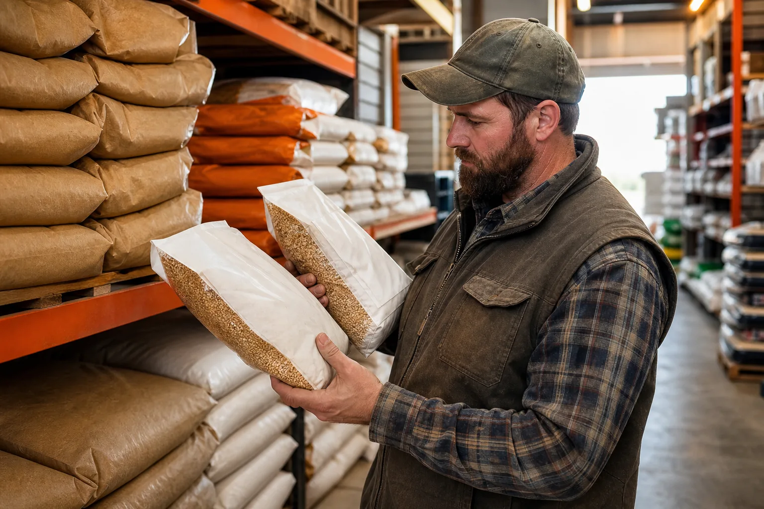 Homesteader comparing meat chicken feed at a local farm supply store.