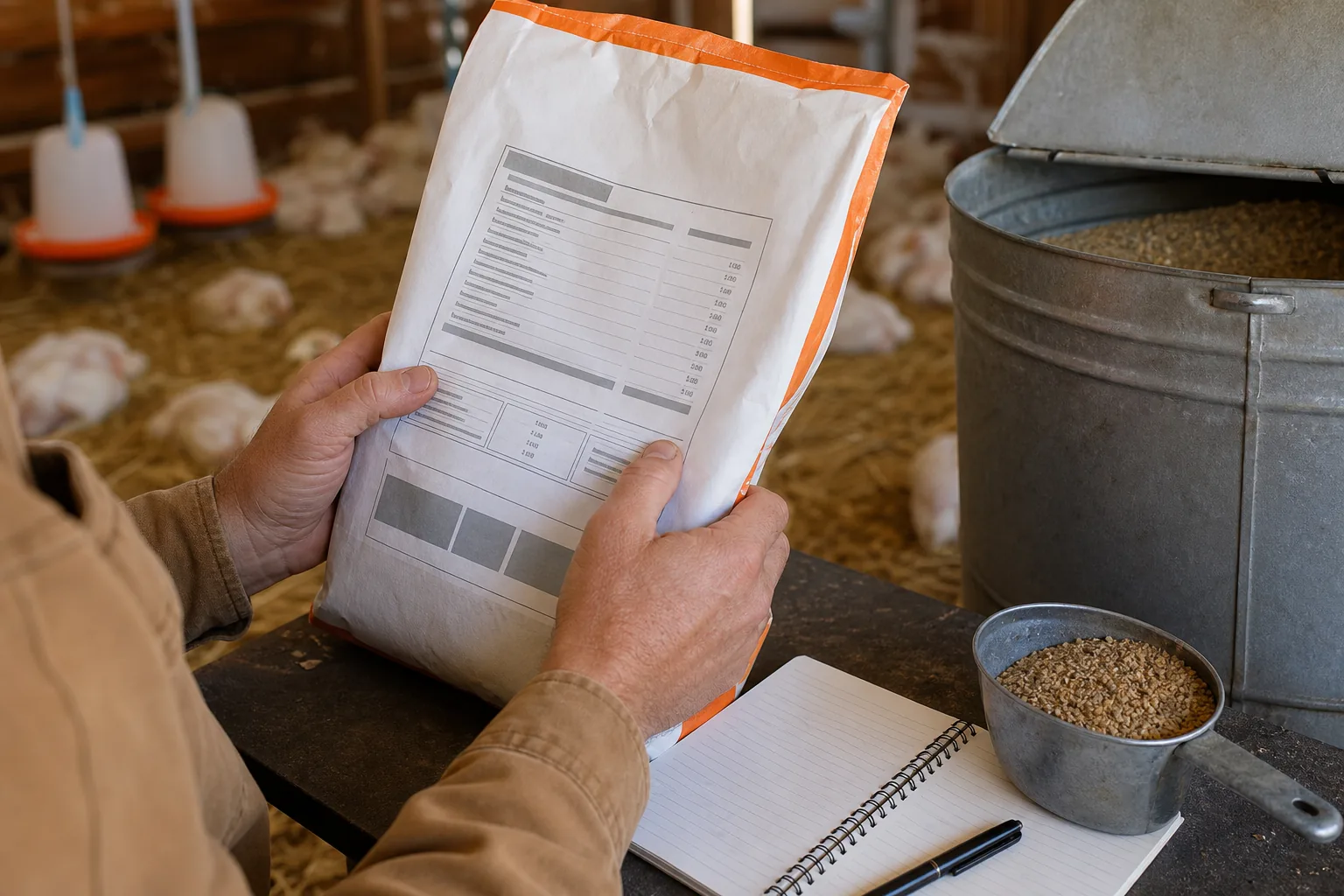 Checking protein and feed stage on a meat chicken feed label.