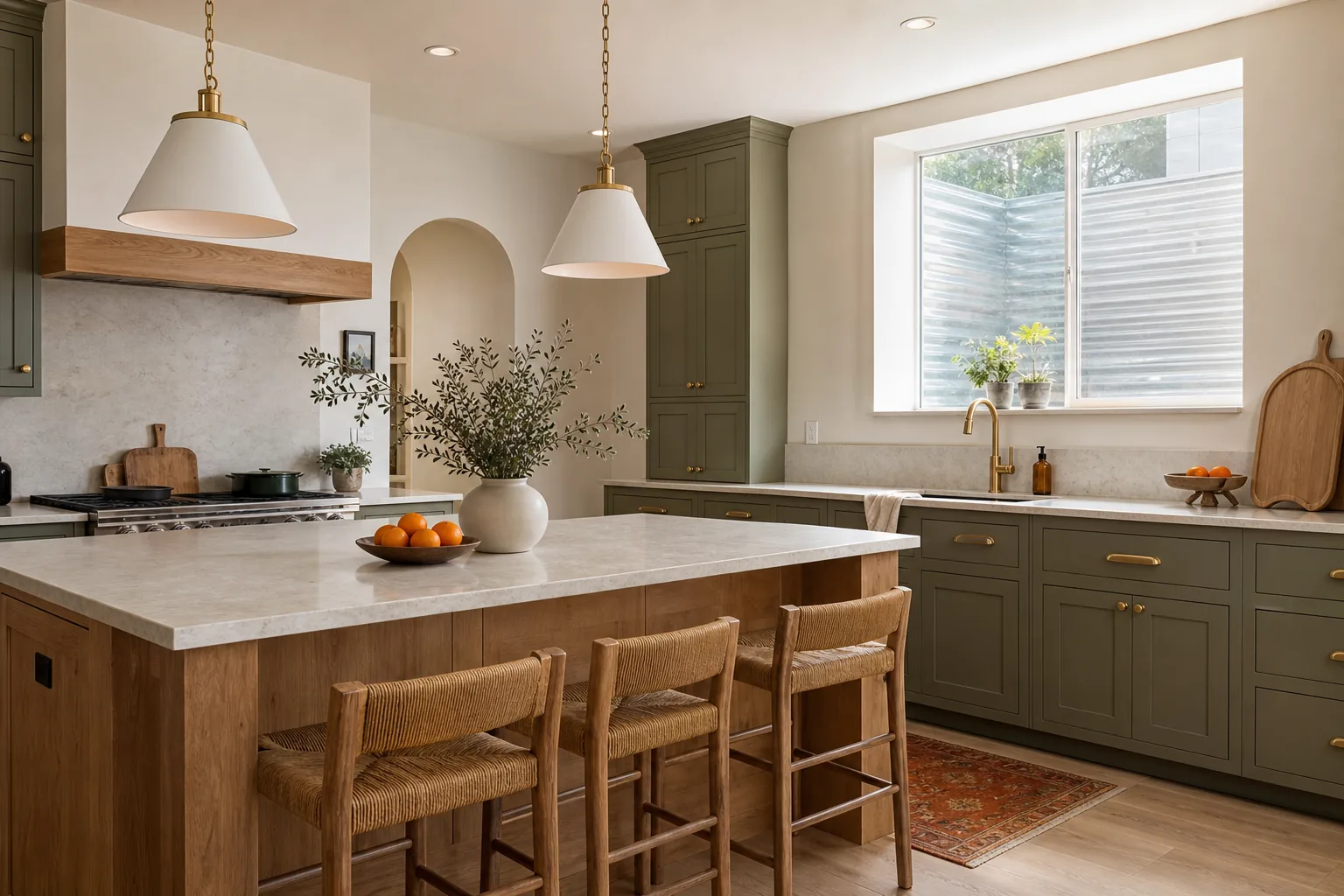 Sage green and white oak kitchen cabinets in a Northern Utah home.