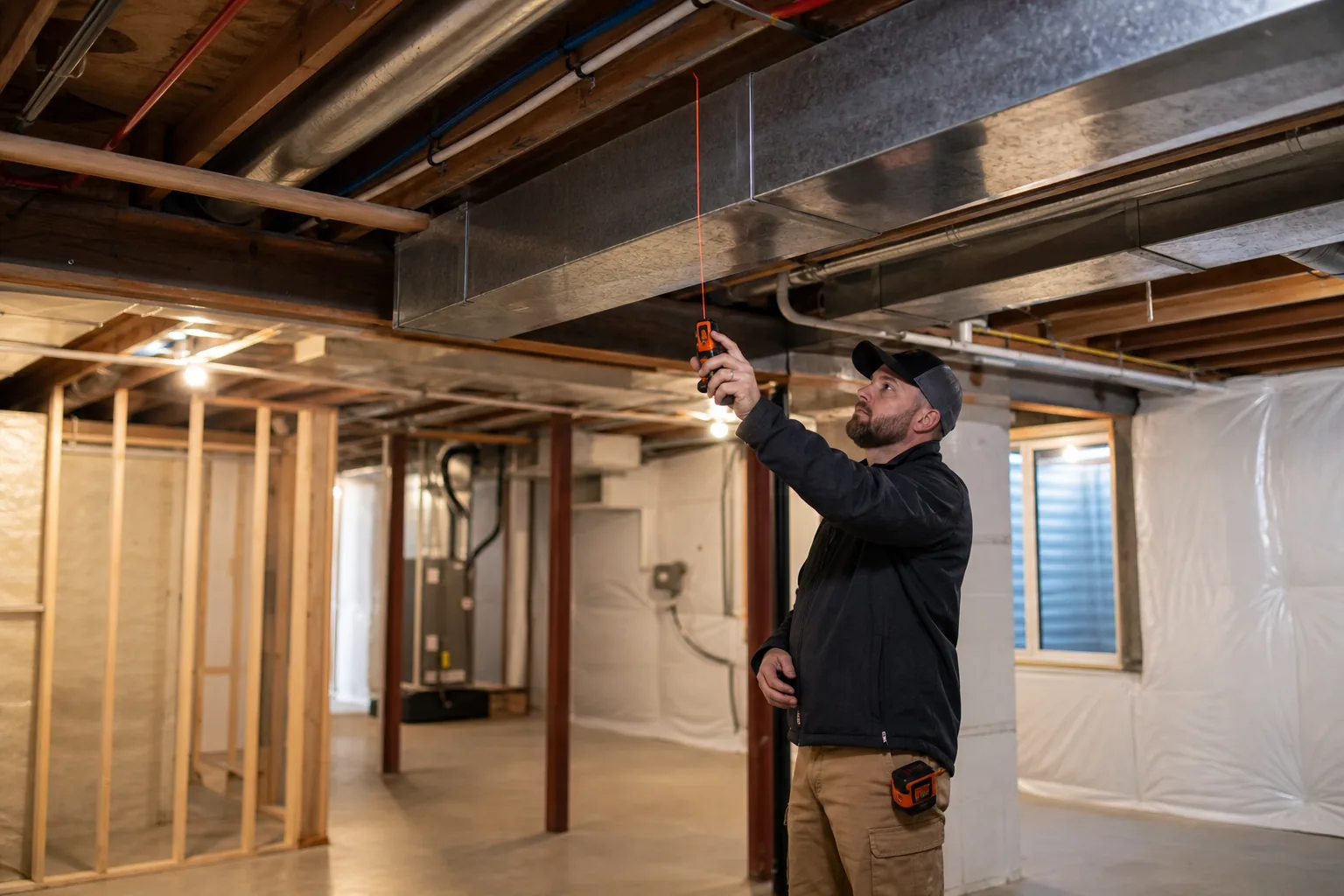 Contractor measuring basement ceiling height around ducts and beams
