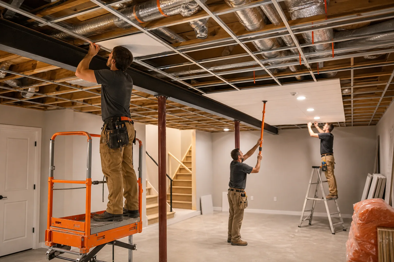 Basement ceiling installation with grid, panels, ducts, and safe work setup